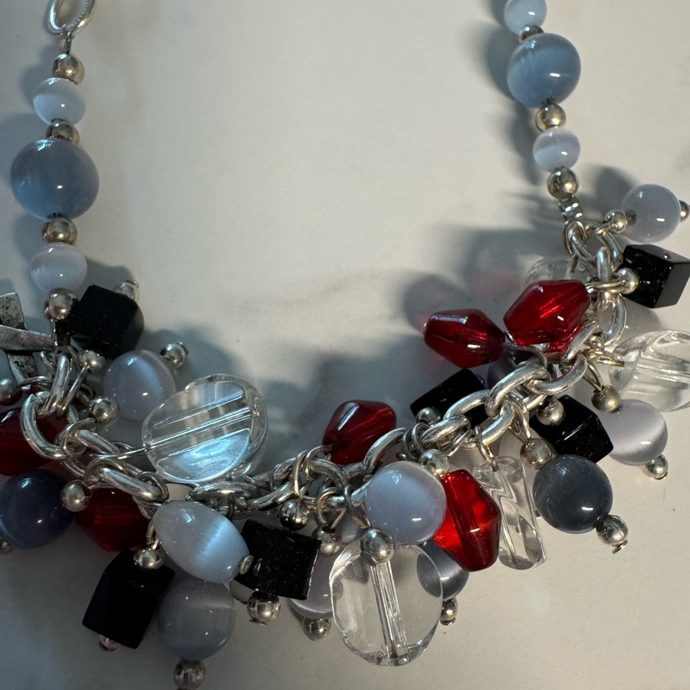 Chunky Beaded DIABETES AWARENESS Charm Necklace in Gray, Red, Black and Clear